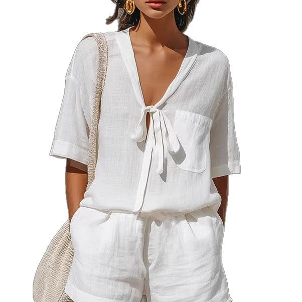 Women's Tie-Front Shirt & Shorts Set