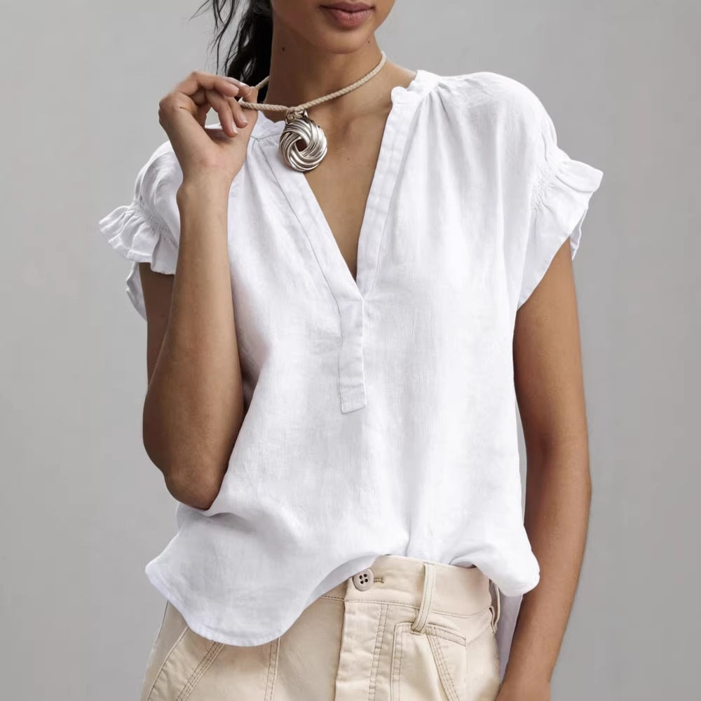 Women's Cotton-Linen Ruffle Blouse