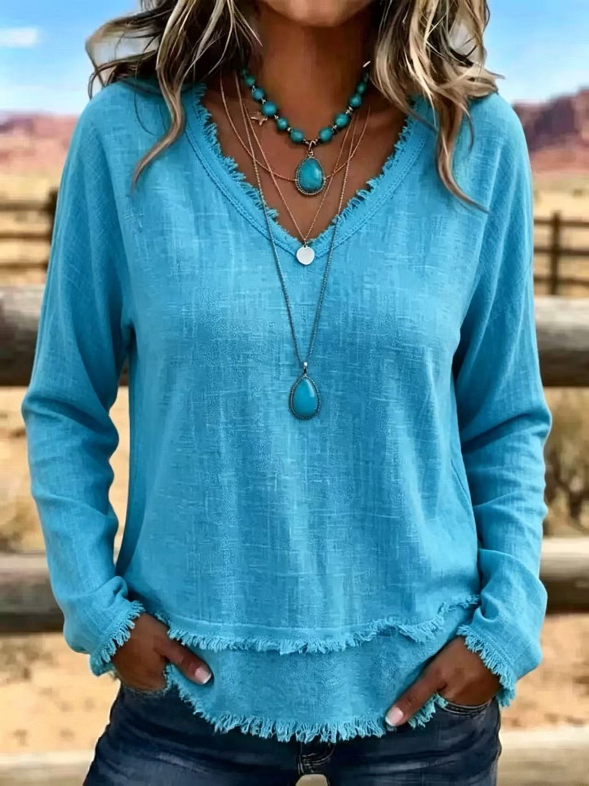 Women's Tassel V-Neck Long-Sleeve Top