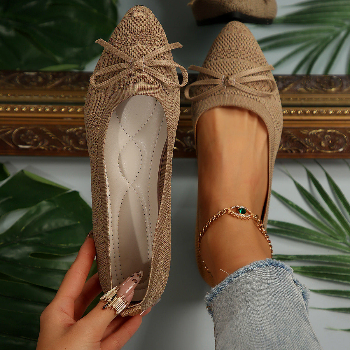 Bow Knit Pointed-Toe Flats