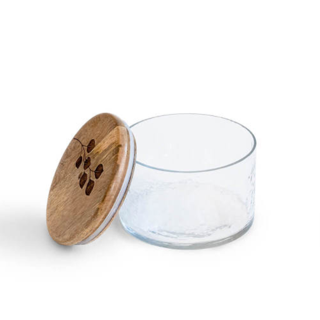 Leafy Twig Glass Jar with Wood Lid