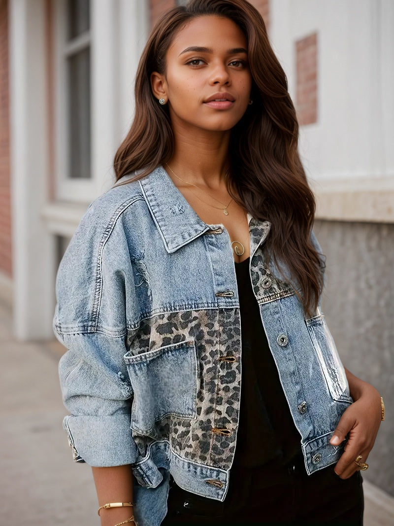 Leopard Patch Distressed Denim Jacket