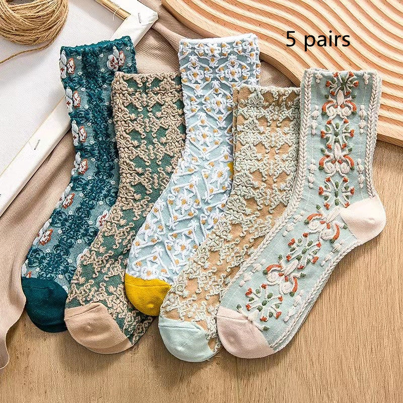 Embossed Flower Crew Socks