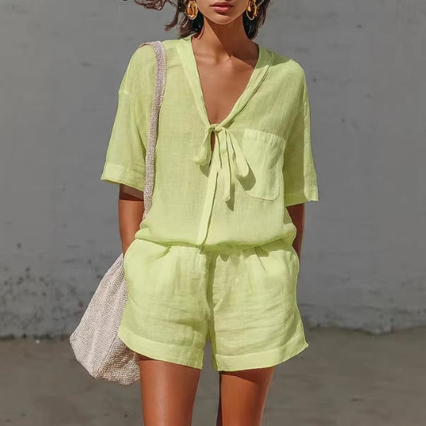 Women's Tie-Front Shirt & Shorts Set