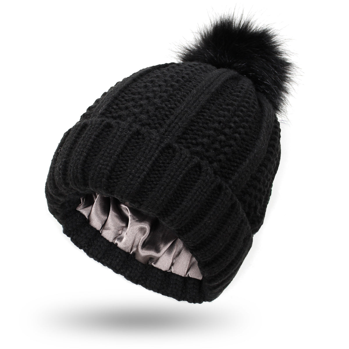 Satin-Lined Pom-Pom Beanie