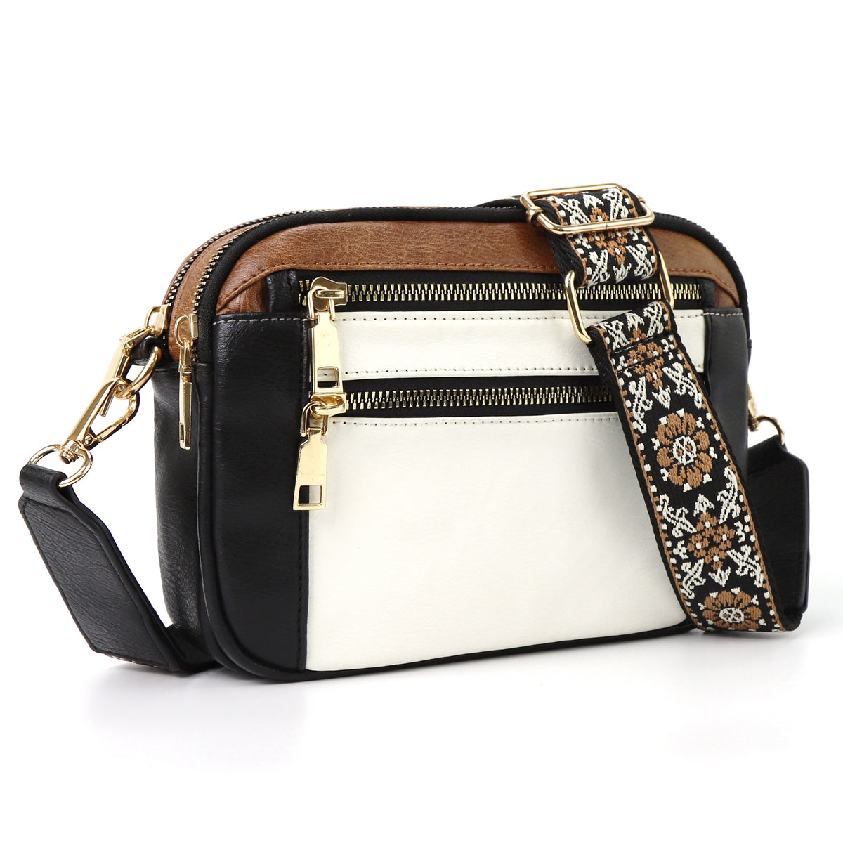Triple-Zip Crossbody Bag with Embroidered Strap