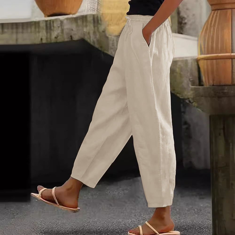 Cotton-Linen Elastic Waist Pants