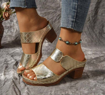 Women's Plaid Chunky Heel Slides