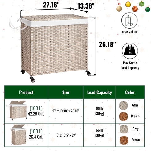 Rolling Laundry Hamper with Lid (160 L)