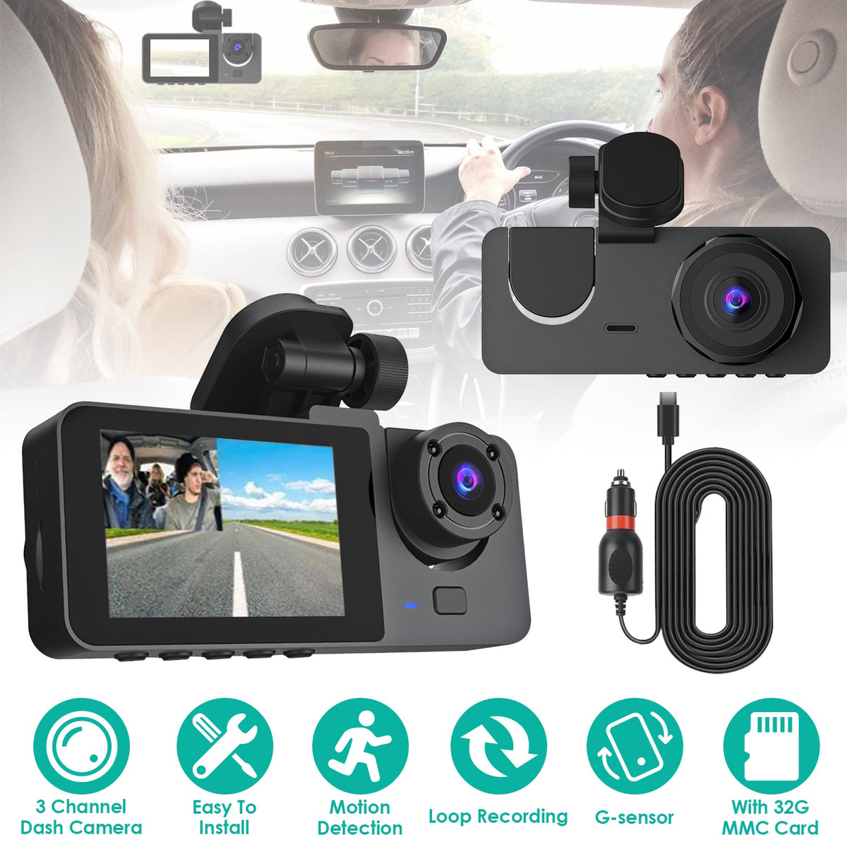 3-Channel Dash Cam with 32GB Card