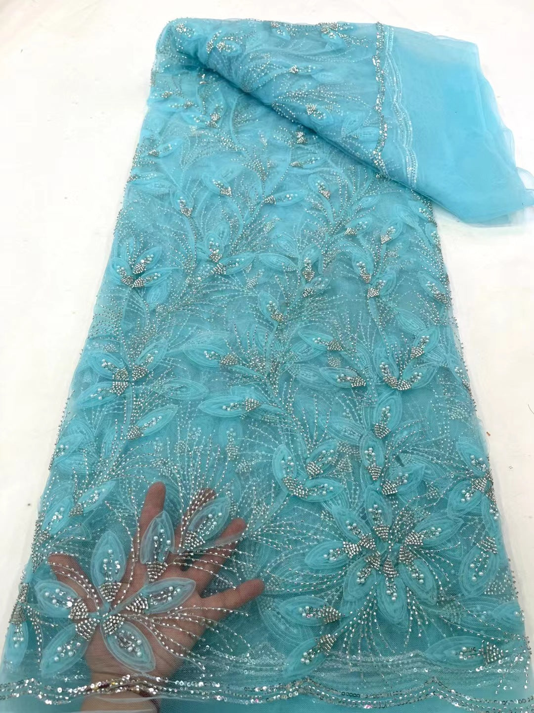 Floral Beaded Tulle Lace Fabric (5 Yards)