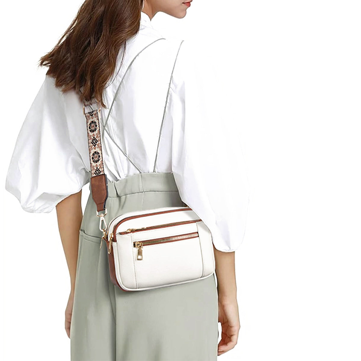 Triple-Zip Crossbody Bag with Embroidered Strap
