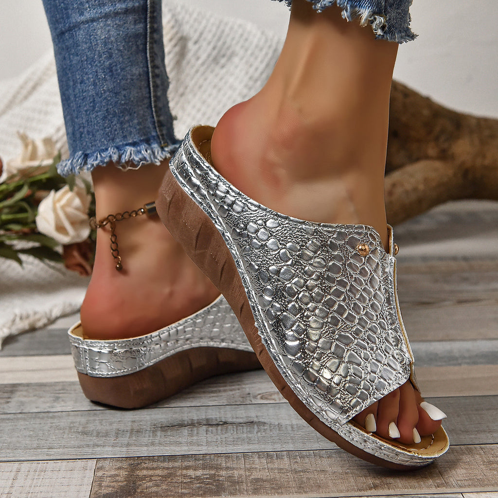 Women's Croc-Texture Wedge Sandals