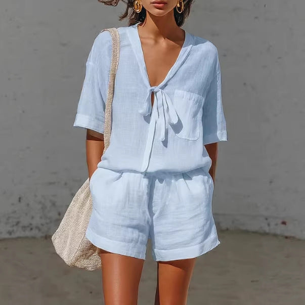 Women's Tie-Front Shirt & Shorts Set