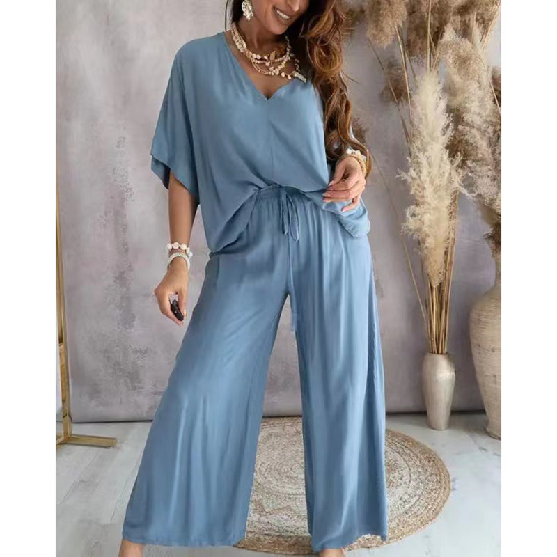 V-Neck Top & Wide-Leg Pants Lounge Set