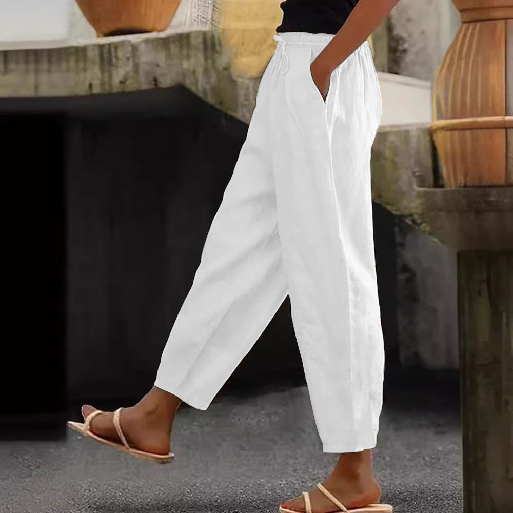 Cotton-Linen Elastic Waist Pants