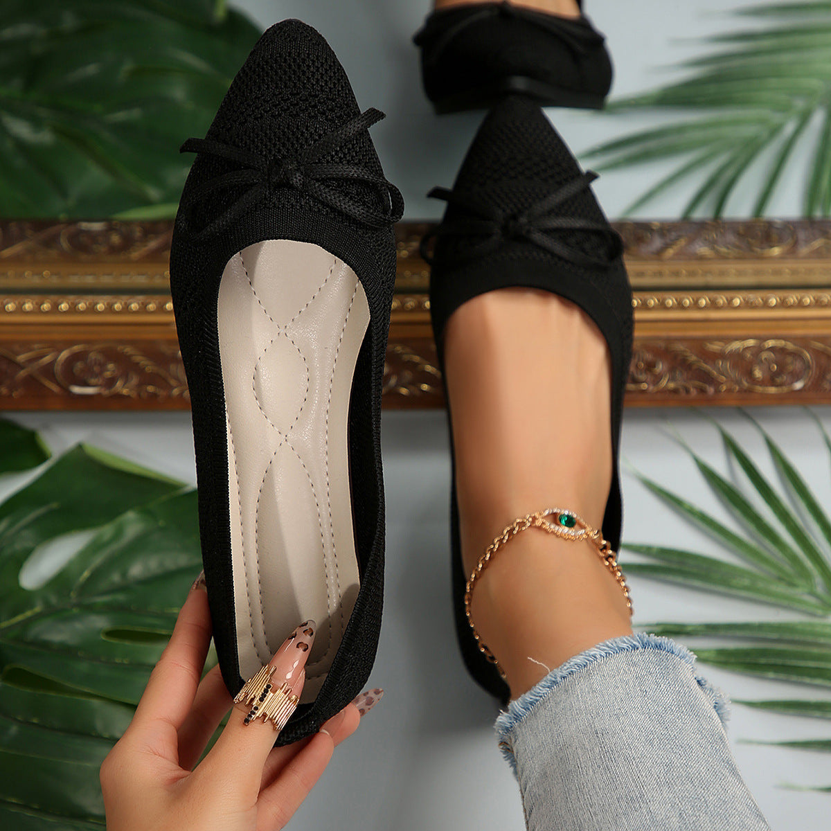 Bow Knit Pointed-Toe Flats
